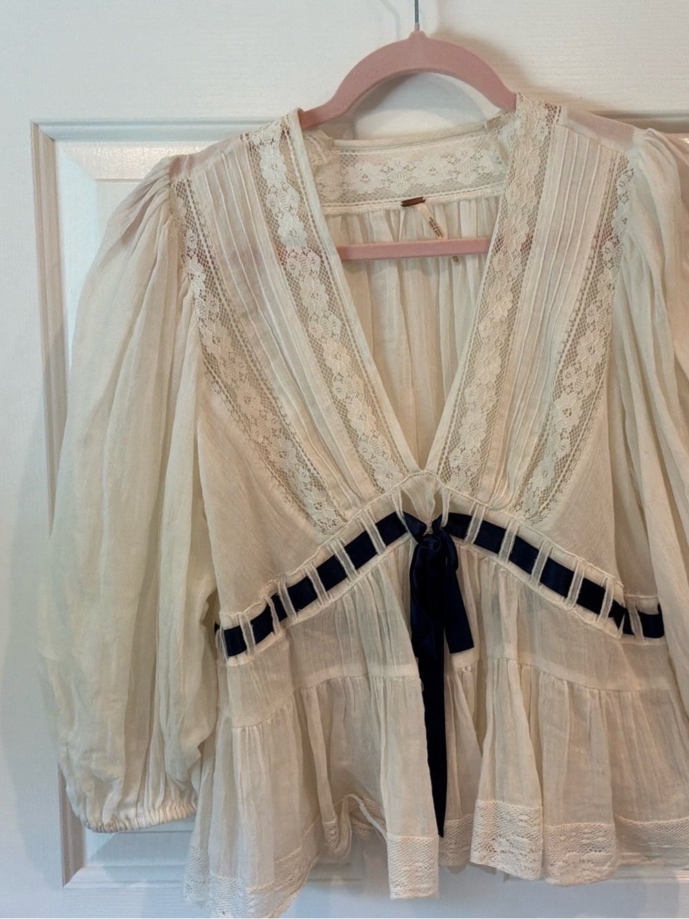 Free People Cream Lace Peasant Blouse with Navy Ribbon